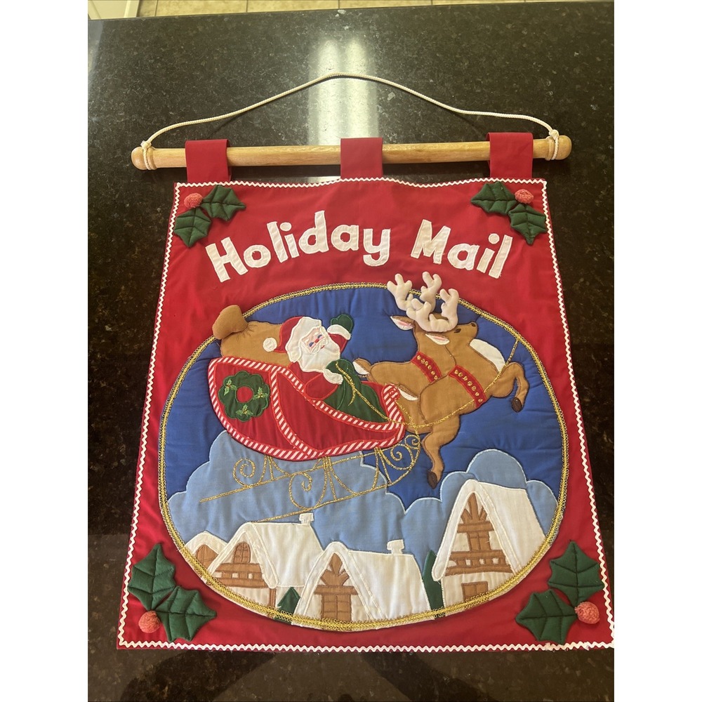 Christmas Fabric Wall Hanging‎ Holiday Mail Vintage Santa Sleigh Decoration